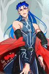 blue_hair circlet earrings elf fate/stay_night fate_(series) highres jewelry lancer lord_of_the_rings male_focus o-rui pointy_ears ponytail red_eyes solo 