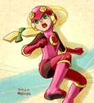  2014 bodysuit boots dated el0fo elbow_gloves gloves green_eyes helmet knee_boots leotard open_mouth pink_bodysuit pink_footwear pink_gloves pink_legwear pink_leotard rockman rockman_exe roll_exe simple_background solo teeth thighhighs 