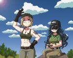  2girls aconit777 black_hair blonde_hair blue_sky blurry blurry_background breast_tattoo breasts camouflage cloud cross cross_necklace day gloves hand_up hat highres jewelry kraken_(japanon) long_hair marichka midriff multiple_girls navel necklace original outdoors pants russo-ukrainian_war sky tattoo 