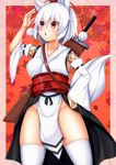  :o animal_ears blush breasts commentary detached_sleeves groin hat highres inubashiri_momiji kourindou_tengu_costume medium_breasts no_panties obi pelvic_curtain pom_pom_(clothes) red_eyes sash shading_eyes sheath sheathed short_hair sideboob solo sword tail thighhighs tokin_hat tokoya_(ex-hetare) touhou weapon white_hair wolf_ears wolf_tail 