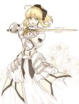  ahoge armor armored_dress artoria_pendragon_(all) bare_shoulders blonde_hair bow caliburn detached_sleeves fate/stay_night fate/unlimited_codes fate_(series) gauntlets green_eyes hair_bow highres orca9102 ponytail saber saber_lily solo 