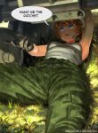  1girl bare_arms belt blue_eyes breasts brooke_(mleth) brown_gloves brown_hair camouflage camouflage_pants commentary cowboy_shot dirty dirty_face dirty_hands english_commentary english_text freckles gloves green_pants grey_tank_top legs_apart looking_up lying medium_breasts military_combat_uniform military_uniform military_vehicle mleth motor_vehicle on_back on_grass open_mouth original pants patreon_username ponytail reaching short_hair solo speech_bubble sweat tank tank_top teeth upper_teeth_only 
