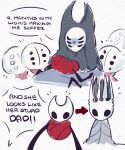  and_he_looks_like_his_stupid_dad_(meme) baby bug crown english_text extra_eyes frown grey_cloak herrah_(hollow_knight) highres hollow_knight hornet_(hollow_knight) meme momoiiroo pale_king_(hollow_knight) shaded_face spider spoilers under_covers weaver_(hollow_knight) 