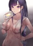  1girl absurdres bangs braid breasts collarbone covered_nipples cup disposable_cup drinking drinking_straw genshin_impact hand_on_hip highres holding holding_cup large_breasts linea_alba long_braid long_hair mole mole_under_eye navel nude purple_eyes purple_hair raiden_shogun single_braid solo steaming_body stomach toned towel towel_around_neck very_long_hair wet zhan_bu 