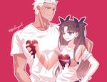  1girl archer blue_eyes brown_hair byulrorqual dagger dark_skin dark_skinned_male fate/stay_night fate_(series) grey_eyes heart matching_outfit one_eye_closed shirt t-shirt toosaka_rin two_side_up weapon white_hair 