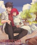  1boy 1girl :o ahoge black_hair black_pants blue_eyes blue_sky breasts cloud commentary commission couple day dress ezekquel hisui_(tsukihime) jacket juliet_sleeves long_sleeves looking_at_another medium_breasts official_alternate_costume open_clothes open_jacket outdoors pants picnic picnic_basket pocket puffy_sleeves red_hair red_shirt round_eyewear shirt sitting sky tohno_shiki tree tsukihime white_dress white_jacket 