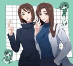  1girl bob_cut brown_eyes brown_hair chibi cigarette cowboy_shot crossed_arms dual_persona eyelashes highres holding holding_cigarette ieiri_shoko jujutsu_kaisen jujutsu_tech_uniform lab_coat long_hair looking_at_viewer mole open_mouth smile souiebi_1207 swept_bangs turtleneck 