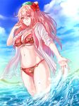  bikini blush breasts cleavage commentary_request flower hacka_doll hacka_doll_2 hair_flower hair_ornament hibiscus large_breasts long_hair looking_at_viewer muramatu0226 navel o-ring o-ring_bottom open_clothes open_shirt pink_eyes pink_hair shirt smile solo swimsuit wading 