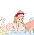  1girl 2boys bangle bare_legs barefoot bed_sheet black_hair bracelet breasts brown_eyes camisole character_doll cleavage closed_mouth crossed_ankles doll elbow_rest foot_up fuzzy_clothes green_hair hand_on_own_cheek hand_on_own_face hat highres jewelry large_breasts long_hair lying monkey_d._luffy multiple_boys nami_(one_piece) namixkawaii on_head on_stomach one_piece orange_hair pillow pink_shorts red_shirt roronoa_zoro scar scar_across_eye scar_on_face shirt short_shorts shorts shoulder_tattoo simple_background smile straw_hat tattoo twitter_username white_background white_camisole 