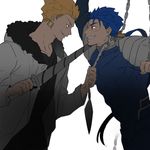  bad_id bad_pixiv_id blonde_hair blue_hair bound chain clenched_teeth drill enkidu_(weapon) eye_contact fate/stay_night fate_(series) fur_trim gilgamesh hair_slicked_back hood hooded_jacket injury jacket lance lancelot_(smalock) lancer long_sleeves looking_at_another male_focus multiple_boys open_clothes open_jacket polearm red_eyes simple_background smile staring sweatdrop sword teeth tied_up upper_body weapon white_background 