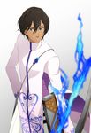  akatsubak1 arjuna_(fate/grand_order) bad_id bad_pixiv_id black_hair blue_eyes blue_fire bow_(weapon) dark_skin dark_skinned_male fate/grand_order fate_(series) fire male_focus solo weapon 