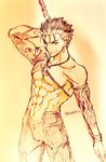  colored_pencil_(medium) fate/grand_order fate/stay_night fate_(series) gae_bolg lancer male_focus polearm shirtless solo spear takeluuu traditional_media weapon 