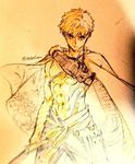  armor cape colored_pencil_(medium) emiya_shirou fate/grand_order fate_(series) hakama igote japanese_armor japanese_clothes kusazuri limited/zero_over male_focus solo takeluuu traditional_media 