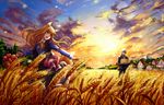  1girl :d animal_ears apple basket brown_hair cloud craft_lawrence cxonline fir_tree food fruit holo house long_hair long_sleeves mountain open_mouth sky smile spice_and_wolf sun sunset tail tree wheat_field white_hair wolf_ears wolf_girl wolf_tail 