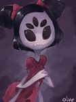  artist_name bad_id bad_pixiv_id black_eyes black_hair bow extra_eyes fangs fewer_digits hair_bow hands_clasped insect_girl looking_at_viewer muffet multiple_arms no_nose olive_(oii) own_hands_together pink_bow puffy_short_sleeves puffy_sleeves purple_background purple_skin short_hair short_sleeves smile solid_eyes solo spider_girl two_side_up undertale 