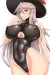  blush breasts cleavage_cutout covered_navel covered_nipples granblue_fantasy grey_eyes hat highleg highleg_leotard highres impossible_clothes large_breasts leotard long_hair looking_at_viewer magisa_(granblue_fantasy) shuugetsu_karasu silver_hair skin_tight smile solo thong_leotard underboob_cutout witch_hat 