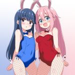  2girls animal_ear_hairband animal_ears blue_bow blue_bowtie blue_eyes blue_hair blue_leotard bow bowtie breasts commentary_request cowboy_shot detached_collar fake_animal_ears fishnet_pantyhose fishnets hairband highres holding_hands kagamihara_nadeshiko leotard long_hair medium_breasts multiple_girls pantyhose pink_hair playboy_bunny purple_eyes rabbit_ears red_bow red_bowtie red_leotard sakuzo shima_rin side-tie_leotard small_breasts smile standing strapless strapless_leotard wrist_cuffs yurucamp 
