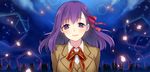  fate/stay_night fate_(series) hair_ribbon himaya homurahara_academy_uniform matou_sakura purple_eyes purple_hair ribbon school_uniform solo 