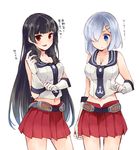  adjusting_clothes adjusting_gloves agano_(kantai_collection) agano_(kantai_collection)_(cosplay) black_hair blue_eyes breasts cleavage cosplay cowboy_shot gloves hair_ornament hair_over_one_eye hairclip hamakaze_(kantai_collection) ichinomiya_(blantte) isokaze_(kantai_collection) kantai_collection long_hair looking_down medium_breasts midriff multiple_girls navel pleated_skirt red_eyes red_skirt school_uniform serafuku shirt_tug silver_hair skirt sleeveless smile translated white_gloves 