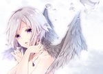 bare_shoulders crying feathered_wings gradient gradient_background grey_wings jewelry original parted_lips pendant purple_eyes ripu_(sherypton) short_hair silver_hair solo tears upper_body water_drop wings 