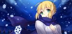  ahoge artoria_pendragon_(all) blonde_hair fate/stay_night fate_(series) green_eyes himaya saber scarf snowflakes solo winter_clothes 