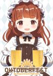  1girl alcohol argyle_background beer beer_mug brown_eyes brown_hair commentary_request cup german_text highres holding holding_cup long_hair long_sleeves mug open_mouth original shelldy simple_background smile solo straight-on translation_request white_background 