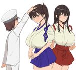  2girls admiral_(kantai_collection) akagi_(kantai_collection) blush breasts huge_breasts image_sample kaga_(kantai_collection) kantai_collection kloah little_boy_admiral_(kantai_collection) long_hair multiple_girls petting pixiv_sample thumbs_up 