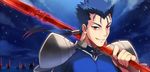  blue_hair fate/stay_night fate_(series) gae_bolg himaya lancer male_focus pauldrons polearm ponytail red_eyes solo spear weapon 