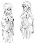  artoria_pendragon_(all) bikini blush braid breasts covered_nipples d1975 fate/stay_night fate_(series) greyscale hair_ribbon highres looking_at_viewer medium_breasts micro_bikini monochrome multiple_views navel parted_lips pussy ribbon saber skindentation swimsuit 
