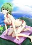  all_fours aoki_hagane_no_arpeggio ass bikini cushion drink green_eyes green_hair highres ju_(old505) nachi_(aoki_hagane_no_arpeggio) short_hair solo swimsuit 