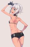  :d arched_back ass bad_id bad_pixiv_id bangs belt bikini bikini_top black_bikini black_gloves blue_eyes breasts cowboy_shot dark_skin fang gloves hand_on_hip hand_up highres nora_(supernew) open_mouth original ribs short_hair short_shorts shorts sideboob silver_hair simple_background small_breasts smile solo supernew swimsuit 