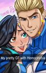  1boy 1girl :d aqua_eyes black_hair blonde_hair blue_eyes brown_eyes couple english_commentary english_text fantastic_four grin head_on_head head_rest hetero heterochromia highres johnny_storm looking_at_another looking_at_viewer luna_snow marvel marvel_rivals multicolored_hair neggoartz short_hair smile sparkle sweatdrop two-tone_hair upper_body white_hair 