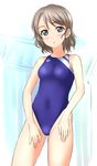  bare_arms bare_legs bare_shoulders blue_eyes brown_hair competition_swimsuit looking_at_viewer love_live! love_live!_sunshine!! one-piece_swimsuit parted_lips short_hair solo standing sweatdrop swimsuit takafumi tight watanabe_you 