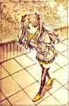  bad_id bad_pixiv_id coat colored_pencil_(medium) fate/stay_night fate_(series) scarf solo takeluuu thighhighs toosaka_rin traditional_media two_side_up walking 