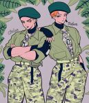  1boy absurdres belt belt_pouch beret black_gloves blonde_hair blue_eyes blush busujima_mason_rio camouflage camouflage_pants camouflage_shirt collared_shirt contrast_collar cowboy_shot crossed_arms dog_tags ear_blush ear_piercing earrings eye_contact film_grain fingerless_gloves foliage gloves green_belt green_hat green_shirt grey_background hand_in_pocket hand_on_another&#039;s_shoulder hat highres hypnosis_mic jewelry kubiki_(hypnosis_mic) light_smile looking_at_another male_focus mismatched_eyebrows open_clothes open_shirt orange_hair pants piercing pouch sakuranbo291 shirt shirt_tucked_in short_hair side-by-side sideburns sleeves_pushed_up stud_earrings thick_outlines triangle_mouth turtleneck v-shaped_eyebrows very_short_hair wavy_hair yellow_eyes 