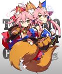  animal_ears bell bell_collar collar detached_sleeves fate/grand_order fate_(series) fox_ears fox_tail gloves japanese_clothes kimono multiple_girls negi_(ulog'be) paw_gloves paws pink_hair ponytail smile sparkle tail tamamo_(fate)_(all) tamamo_cat_(fate) tamamo_no_mae_(fate) two_side_up upper_body yellow_eyes 