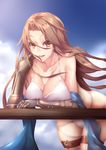  :d bikini breasts brown_eyes brown_hair cleavage fi-san gauntlets granblue_fantasy highres katalina_aryze large_breasts open_mouth smile solo swimsuit white_bikini 