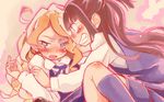  angry blonde_hair blue_eyes blush brown_hair diana_cavendish kagari_atsuko kiririn little_witch_academia long_hair looking_at_another looking_away luna_nova_school_uniform lying multiple_girls on_back open_mouth pinned school_uniform smile yuri 