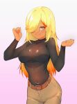  1girl absurdres belt black_shirt blonde_hair bra bra_visible_through_clothes breasts brown_belt commission covered_collarbone cowboy_shot dark-skinned_female dark_skin english_commentary gradient_background gradient_hair green_eyes hair_over_one_eye hands_up highres jewelry kghazir large_breasts lisette_(armrada) long_hair long_sleeves looking_at_viewer multicolored_hair navel necklace one_eye_covered orange_hair original pants pink_background see-through_clothes see-through_shirt shirt simple_background smile solo swept_bangs taut_clothes taut_shirt tight_clothes tight_shirt underwear vgen_commission yellow_pants 