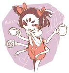  :3 :d amazakura black_eyes black_hair blush bow character_name cheek_press commentary cup doughnut drink extra_eyes fangs food hair_bow hand_on_own_face heart holding holding_cup holding_food insect_girl muffet multiple_arms no_nose open_mouth puffy_short_sleeves puffy_sleeves red_bow short_hair short_sleeves silk simple_background smile solo spider_girl spider_web teacup text_focus two_side_up undertale unitard white_background 