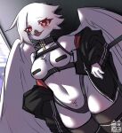 2023 anthro armwear artist_logo artist_name avian beak biped bird black_beak black_clothing black_eyebrows black_jacket black_legwear black_panties black_pasties black_thigh_highs black_topwear black_underwear blush blush_lines breasts camel_toe cheek_tuft chest_harness chest_tuft clothed clothed_anthro clothed_female clothing collar crotch_tuft digital_drawing_(artwork) digital_media_(artwork) dutch_angle english_description eye_through_hair eyebrows eyelashes eyelashes_through_hair facial_tuft feathered_wings feathers female female_anthro fingers glistening glistening_eyes grey_beak hair harness jacket legwear logo looking_at_viewer lorenzo_(royluna) medium_breasts navel nipple_tape non-mammal_breasts non-mammal_navel open_beak open_clothing open_jacket open_mouth open_smile open_topwear panties pasties red_armwear red_clothing red_eyes sk3tchk4t sketch skimpy slim_anthro slim_female smile solo standing tape text thick_thighs thigh_highs thin_eyebrows tongue tongue_showing topwear translucent translucent_hair tuft underwear ventral_groove white_body white_feathers white_wings wings