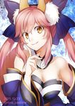  animal_ears bare_shoulders bow breasts cleavage detached_sleeves fate/extra fate_(series) finger_to_cheek fox_ears hair_bow japanese_clothes large_breasts nina_(pastime) pink_hair smile solo tamamo_(fate)_(all) tamamo_no_mae_(fate) two_side_up upper_body yellow_eyes 