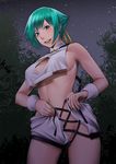  aquarion_(series) aquarion_evol backless_outfit bare_shoulders breasts cleavage_cutout commando crop_top crop_top_overhang green_hair highres large_breasts looking_at_viewer night no_bra no_panties open_mouth overhang purple_eyes ragetsu short_hair shorts sideboob sky smile solo star underboob untied zessica_wong 