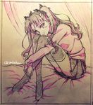  bad_id bad_pixiv_id bed colored_pencil_(medium) fate/stay_night fate_(series) no_shoes sitting solo takeluuu thighhighs toosaka_rin traditional_media two_side_up 
