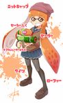  artist_name beanie blue_skirt blush brown_footwear domino_mask fang full_body grin gun gurande_(g-size) handgun hat highres holding holding_weapon ink_tank_(splatoon) inkling loafers long_sleeves mask open_mouth orange_eyes orange_hair pantyhose pleated_skirt pointy_ears school_uniform serafuku shoes short_hair_with_long_locks sidelocks signature simple_background skirt smile solo splatoon_(series) splatoon_1 splattershot_(splatoon) tentacle_hair translated weapon white_background 