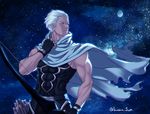  archer arrow bare_shoulders bow_(weapon) dark_skin dark_skinned_male fate/stay_night fate_(series) fingerless_gloves gibbous_moon gloves grey_eyes kassa_jun male_focus moon night one_eye_closed quiver scarf sky solo star_(sky) starry_sky weapon white_hair 