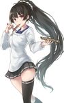  af-henrytz apron black_hair chopsticks fish isokaze_(kantai_collection) kantai_collection kappougi long_hair looking_at_viewer ponytail red_eyes single_thighhigh skirt solo thighhighs very_long_hair 