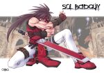  arc_system_works belt belt_buckle biceps black_belt black_gloves brown_hair buckle castle character_name commentary_request fighting_stance fingerless_gloves fireseal full_body gloves gold_buckle guilty_gear headband holding holding_sword holding_weapon impasto jacket korean_commentary lapels left-handed leg_belt long_hair male_focus muscular muscular_male nose on_one_knee orebalgum pants red_carpet red_headband red_jacket red_shoes ruins shoes sleeveless sleeveless_jacket sol_badguy solo spiked_hair straight_hair sword weapon web_address white_pants 