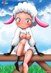  anthro bbmbbf blush breasts caprine female fence leggy_lamb looking_at_viewer mammal nipples palcomix sheep sitting smile solo wool 