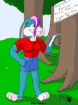  anthro binky_bunny_(rutwell) breasts clothed clothing english_text female kthanid lagomorph mammal rabbit rutwell_forest solo text tree 